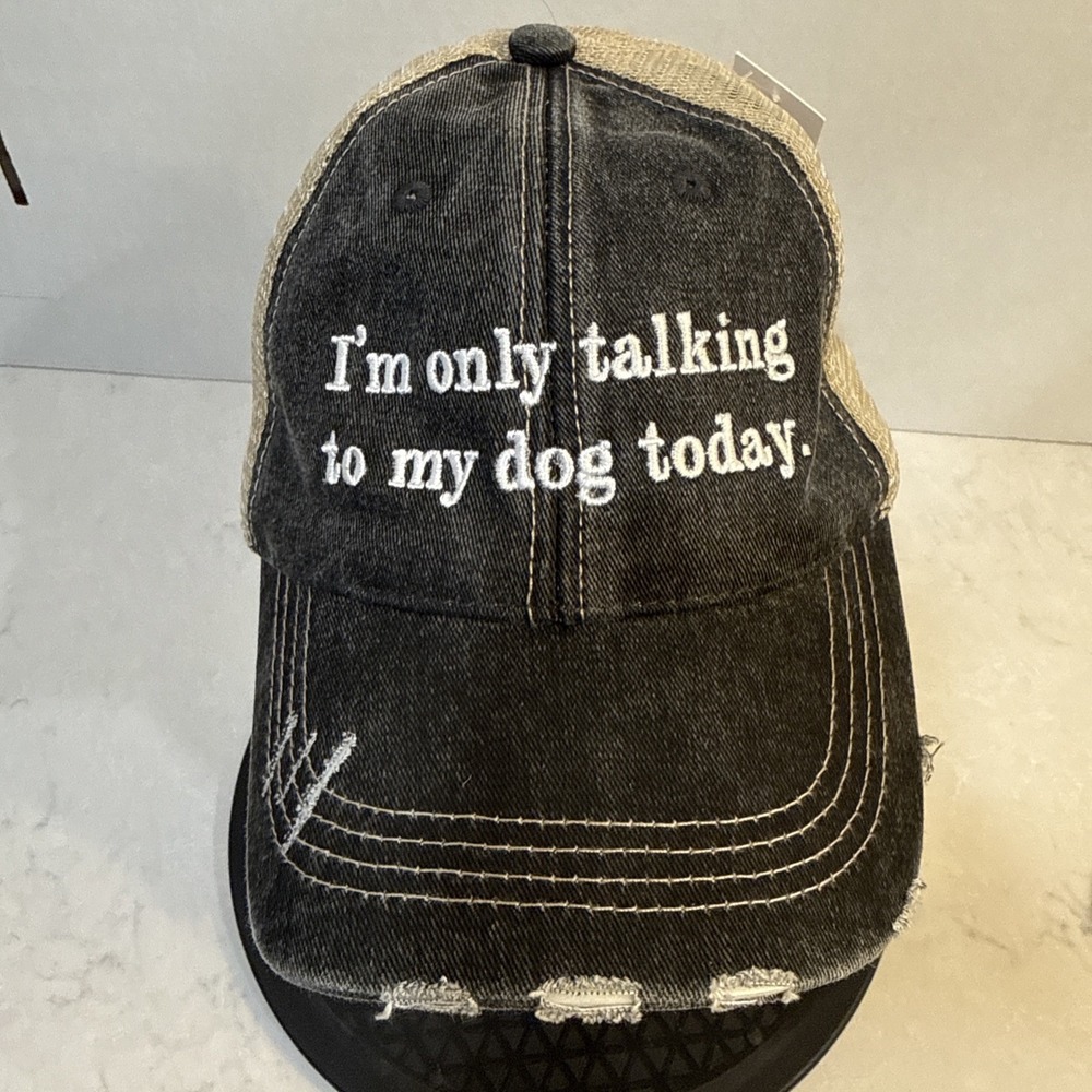 I'M ONLY TALKING TO MY DOG TODAY Grey Mesh Distressed StrapBack Hat Cap *NWOT